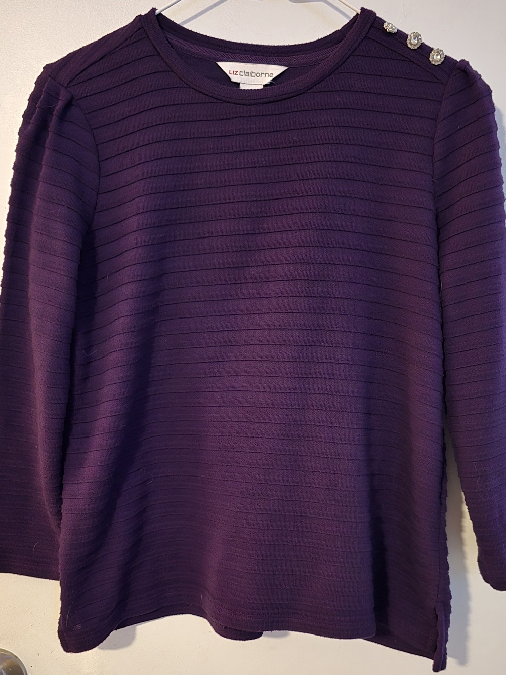 Liz Claiborne Deep Purple Ribbed Sweatshirt with Shoulder Jewel Buttons